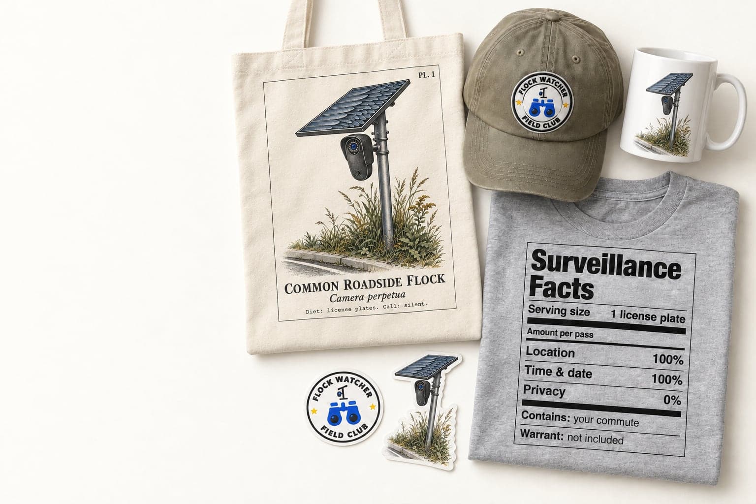 A flat-lay of a Finding Flock tote bag, shirt, cap, mug and stickers on warm white paper