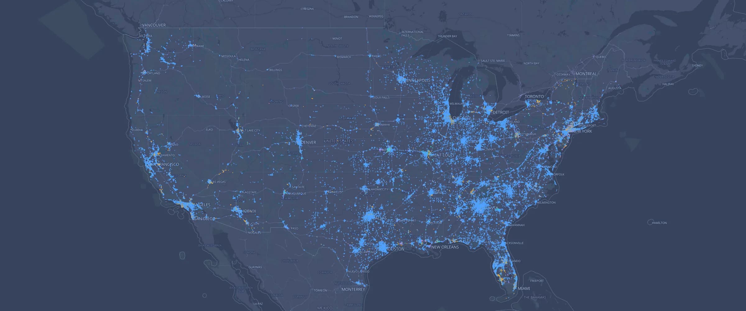 Dark map of the United States showing 142,767 reported license plate reader locations as glowing points concentrated around cities and highways