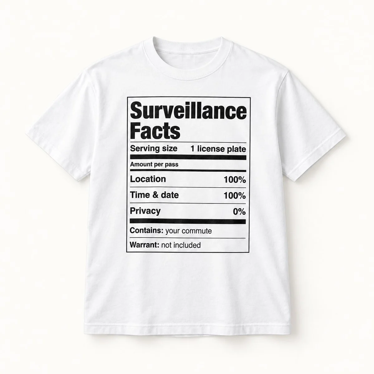 Surveillance Facts Tee in White, front of the shirt
