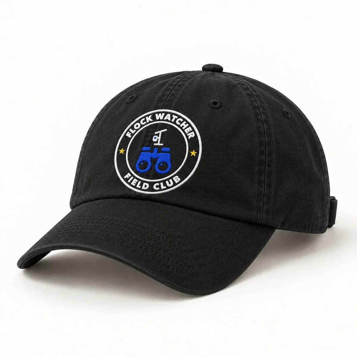 Flock Watcher Field Club Dad Hat in Black, three-quarter front view of the cap