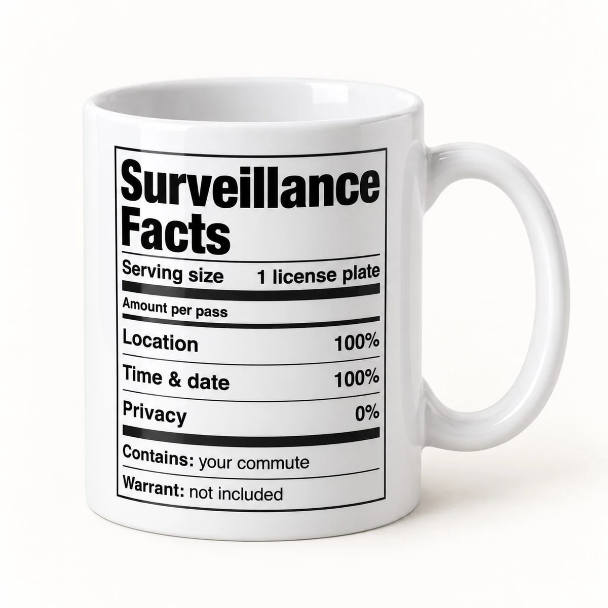 Surveillance Facts Mug, the 11oz mug at a three-quarter angle