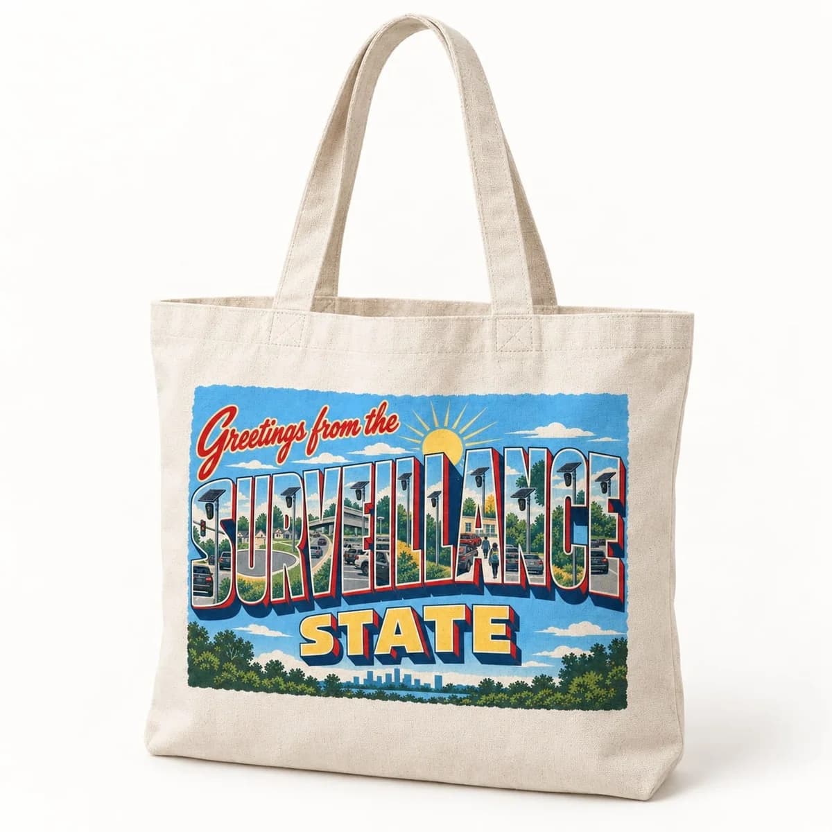 Greetings from the Surveillance State Tote Bag in Natural, the tote hanging flat