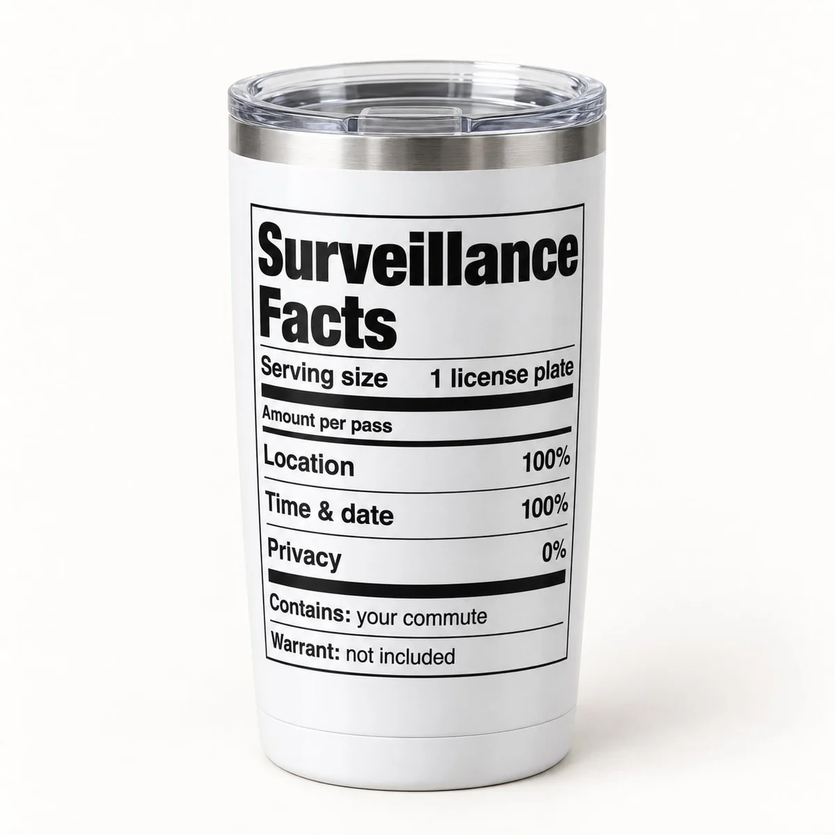Surveillance Facts Tumbler, the tumbler standing upright with lid